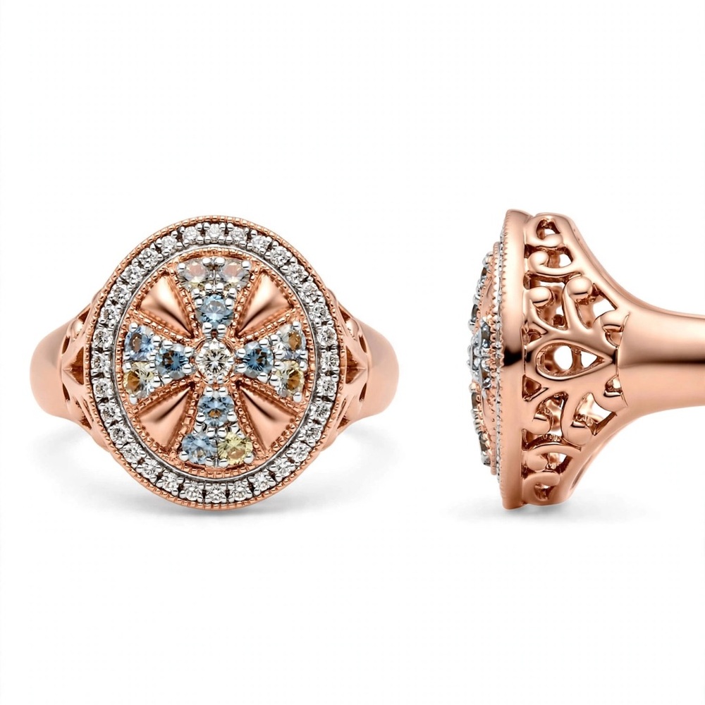 Rose Gold Oval Floral Halo Ring with Multicolor Accents